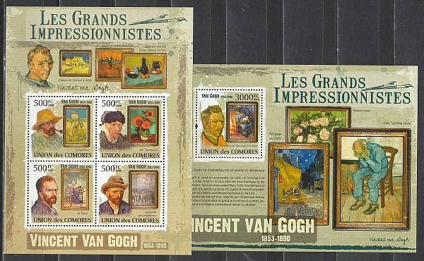 Импрессионисты, Ван Гог, Коморы 2009, малый лист +блок